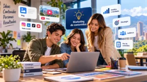Equipo de marketing digital planificando una estrategia de marketing de contenidos para una empresa